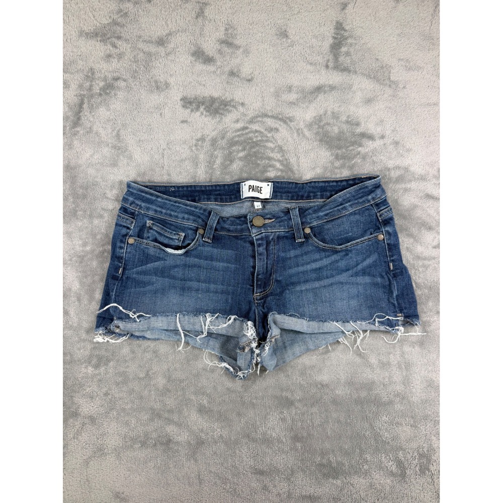 Paige Denim Blue Cut Off Jean Mini Shorts Frayed Hem Low Rise Womens Size 27